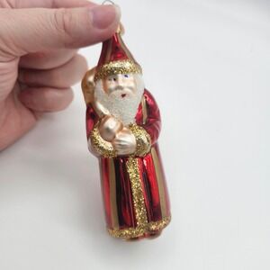 Vintage Czech Republic Blown Glass Santa Ornament Red Gold Stripe Robe Christmas